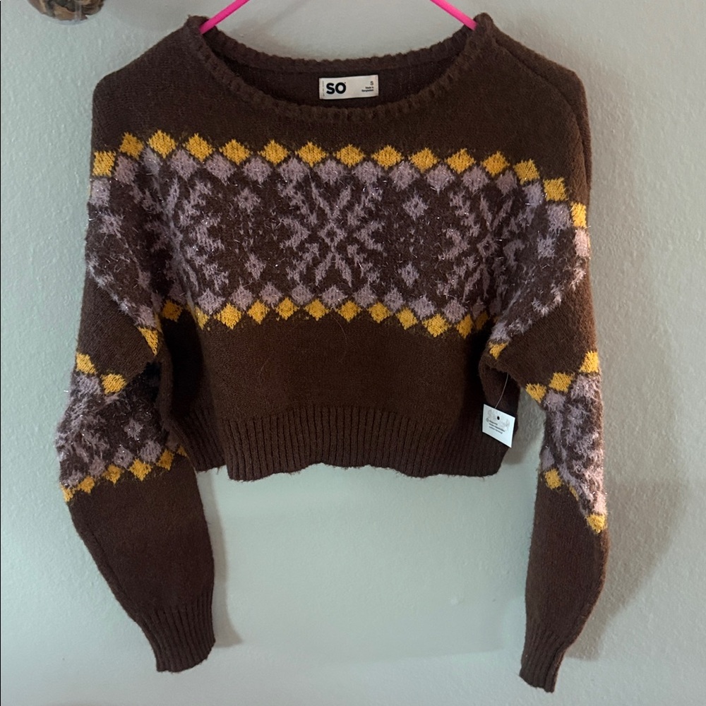 SO Women's Brown Fair Isle Knit Sweater